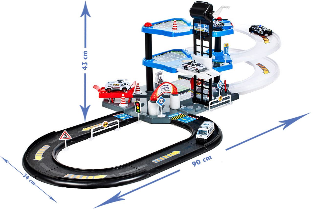 Garaj de Politie MalPlay, cu 4 masinute ,1 elicopter, pista 2 nivele