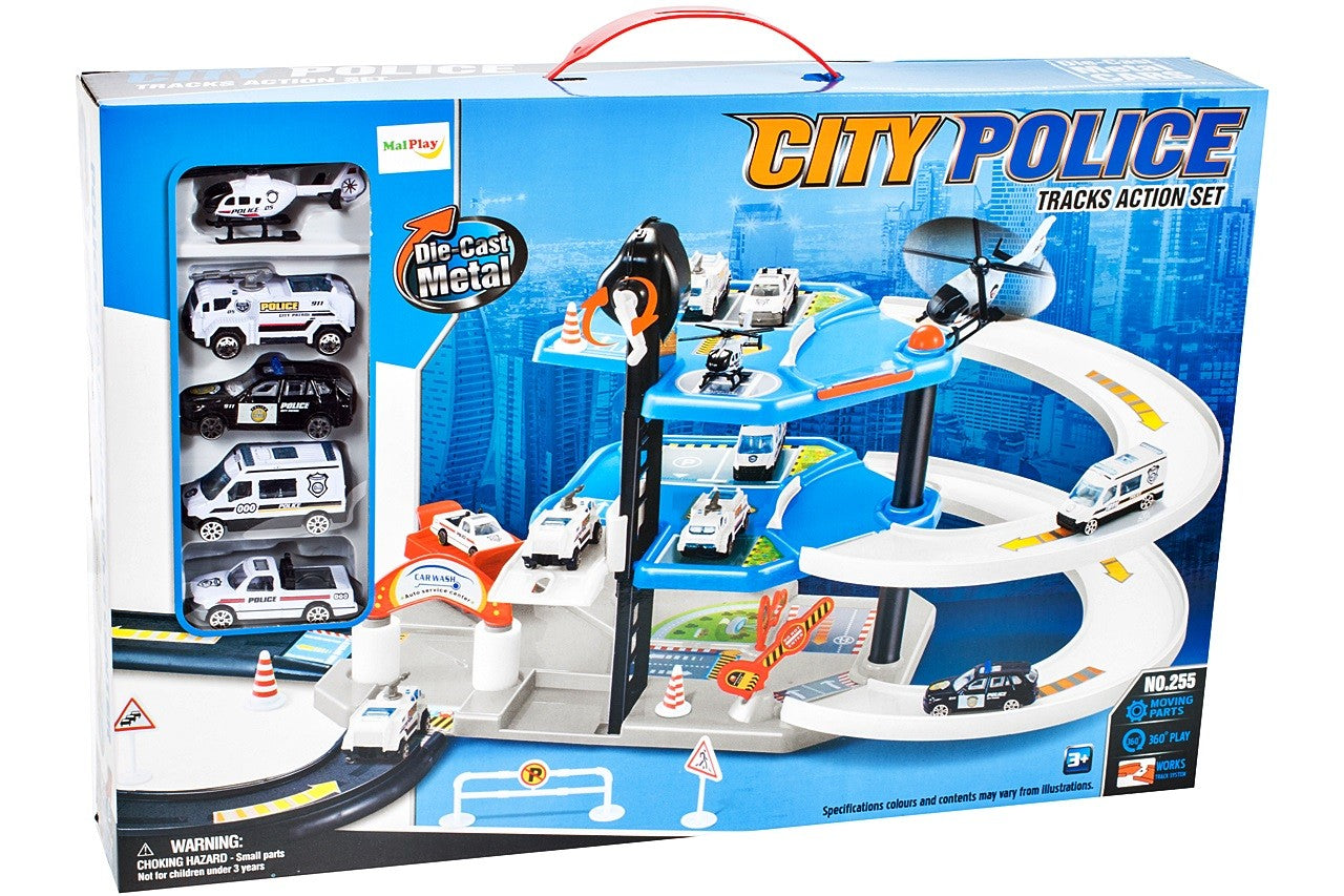 Garaj de Politie MalPlay, cu 4 masinute ,1 elicopter, pista 2 nivele