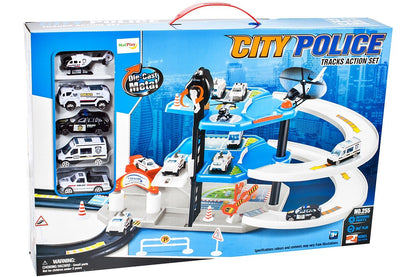 Garaj de Politie MalPlay, cu 4 masinute ,1 elicopter, pista 2 nivele