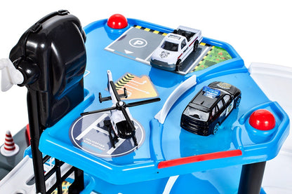 Garaj de Politie MalPlay, cu 4 masinute ,1 elicopter, pista 2 nivele