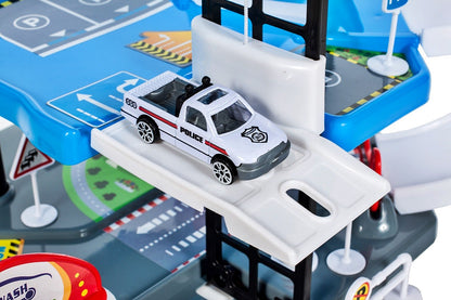 Garaj de Politie MalPlay, cu 4 masinute ,1 elicopter, pista 2 nivele