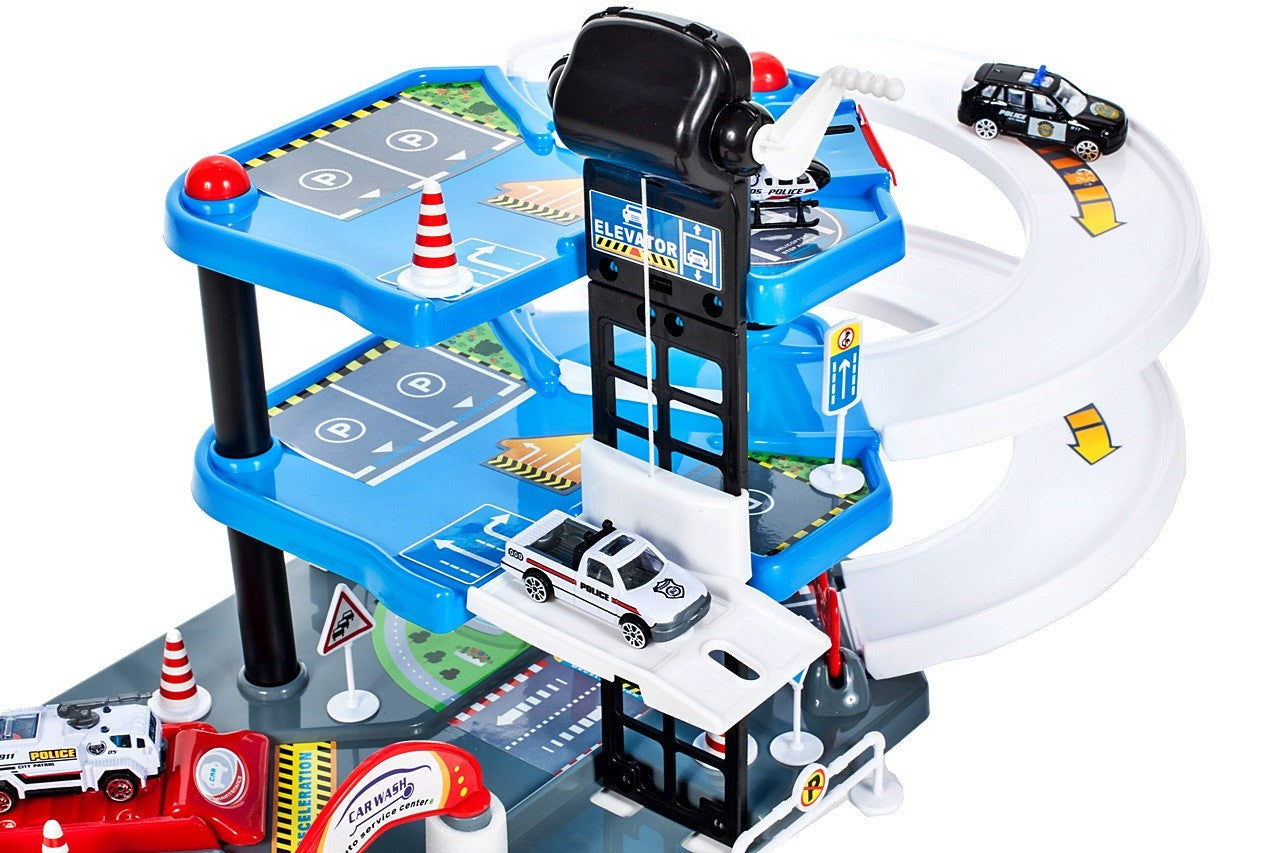 Garaj de Politie MalPlay, cu 4 masinute ,1 elicopter, pista 2 nivele