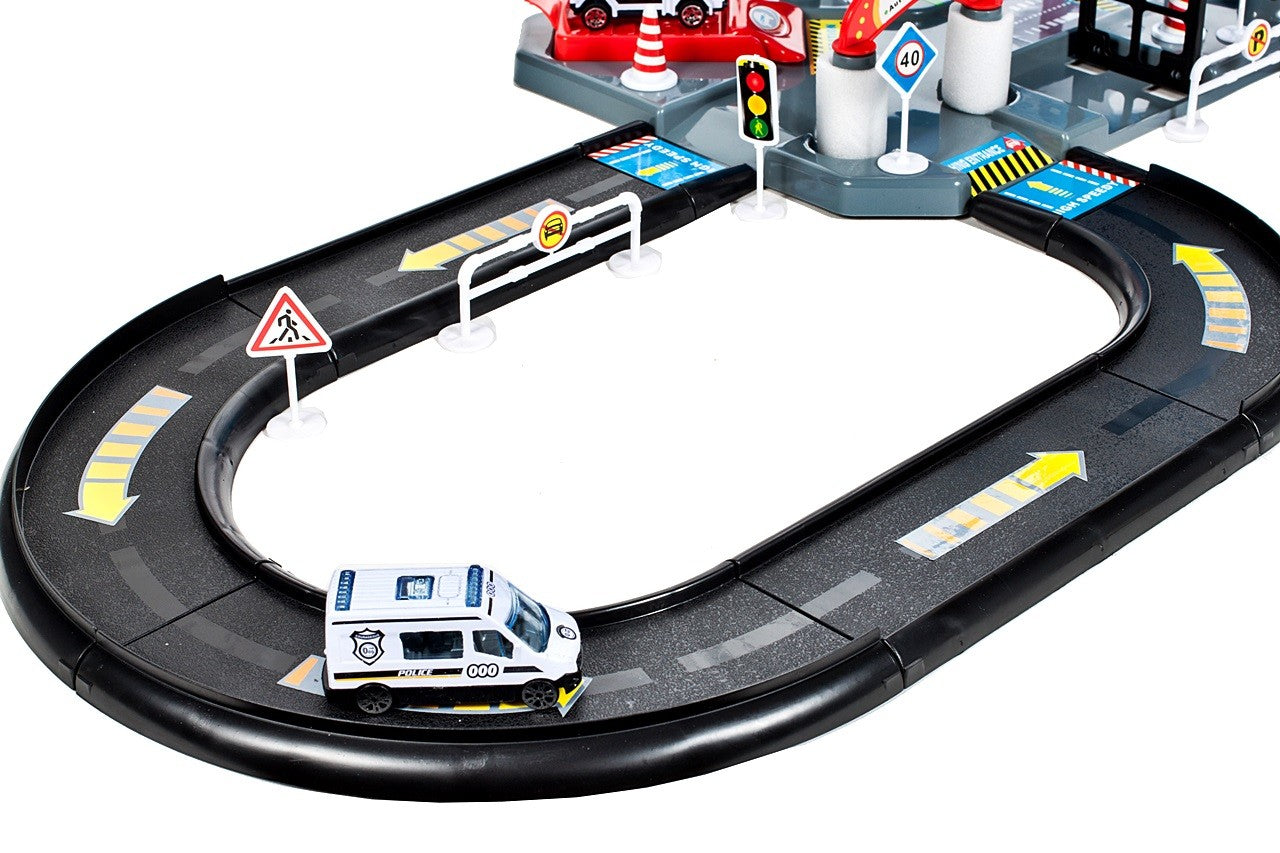 Garaj de Politie MalPlay, cu 4 masinute ,1 elicopter, pista 2 nivele