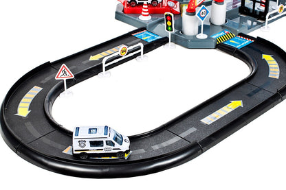 Garaj de Politie MalPlay, cu 4 masinute ,1 elicopter, pista 2 nivele