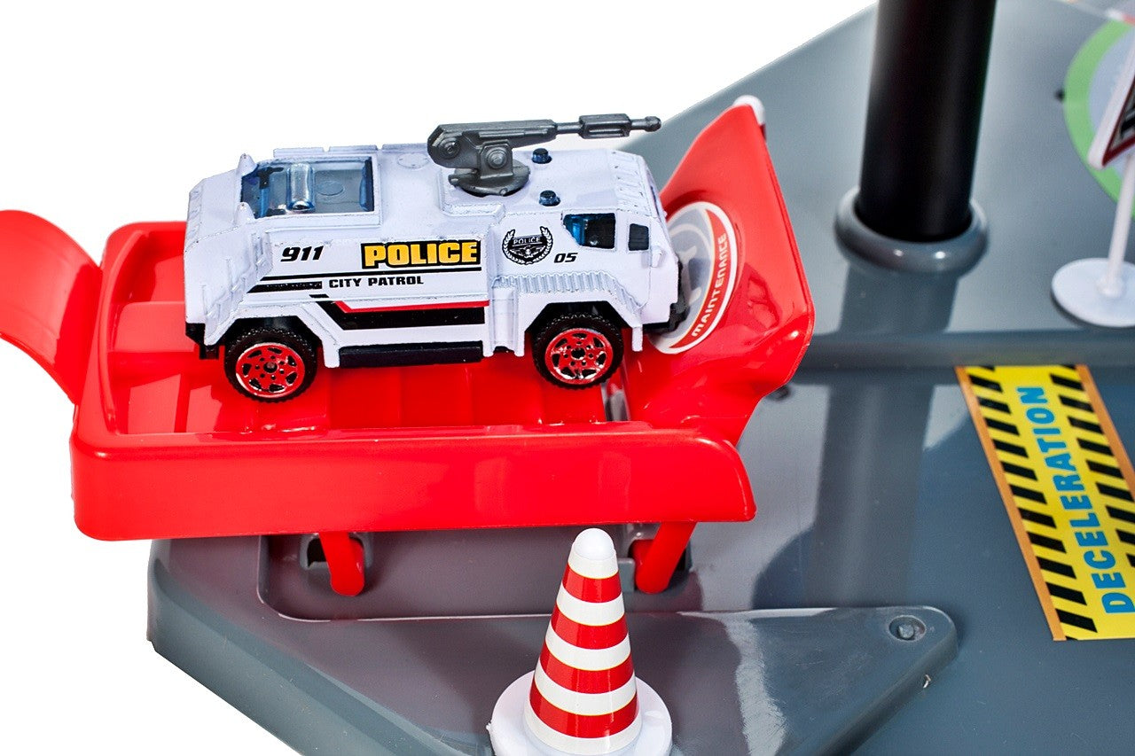 Garaj de Politie MalPlay, cu 4 masinute ,1 elicopter, pista 2 nivele