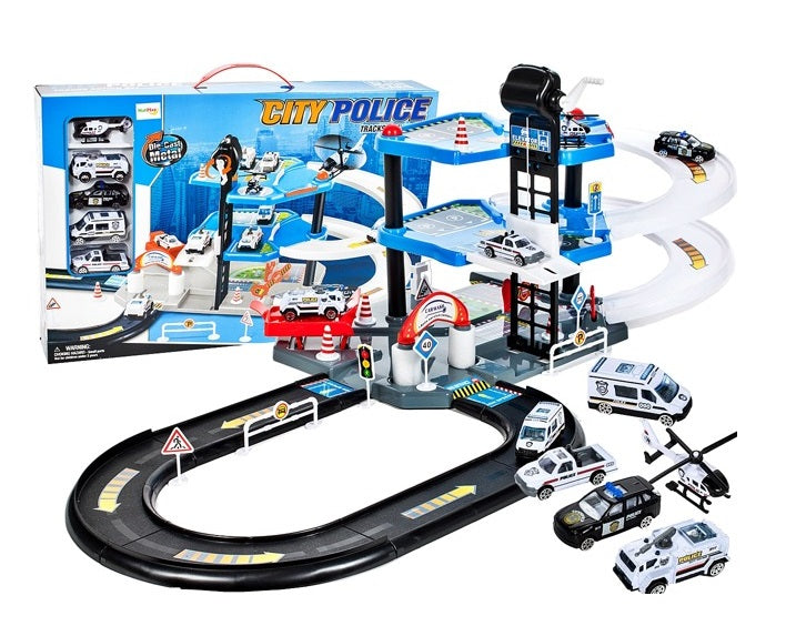 Garaj de Politie MalPlay, cu 4 masinute ,1 elicopter, pista 2 nivele