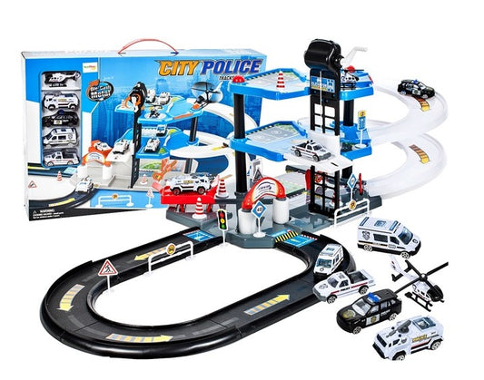 Garaj de Politie MalPlay, cu 4 masinute ,1 elicopter, pista 2 nivele