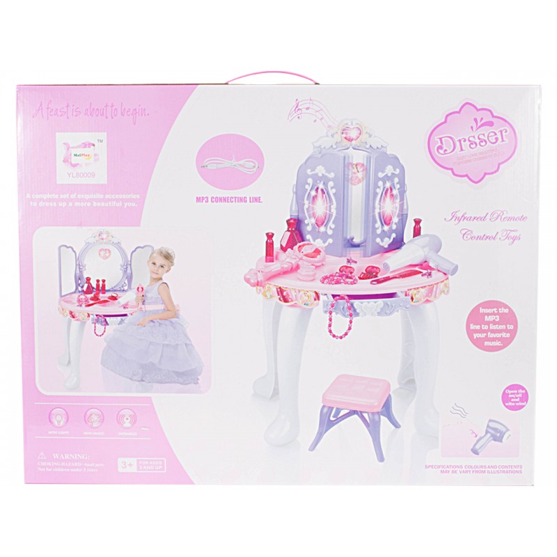 Masuta de Make-Up pentru copii, MalPlay Lila - Roz cu MP3, oglinda, bagheta magica, melodii si lumini, 68 cm