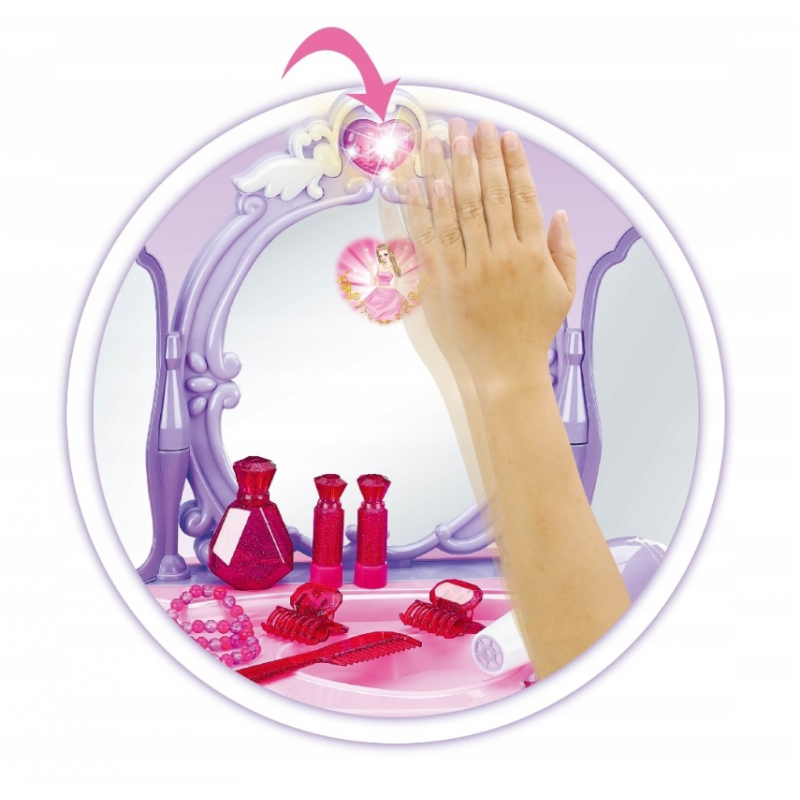 Masuta de Make-Up pentru copii, MalPlay Lila - Roz cu MP3, oglinda, bagheta magica, melodii si lumini, 68 cm