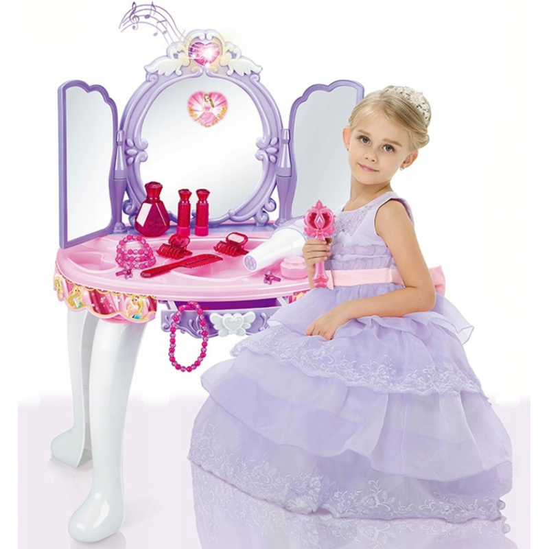 Masuta de Make-Up pentru copii, MalPlay Lila - Roz cu MP3, oglinda, bagheta magica, melodii si lumini, 68 cm