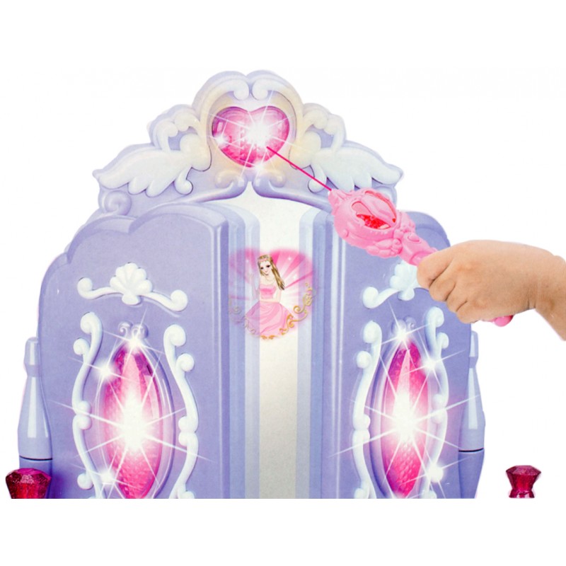 Masuta de Make-Up pentru copii, MalPlay Lila - Roz cu MP3, oglinda, bagheta magica, melodii si lumini, 68 cm