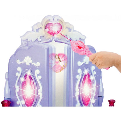 Masuta de Make-Up pentru copii, MalPlay Lila - Roz cu MP3, oglinda, bagheta magica, melodii si lumini, 68 cm