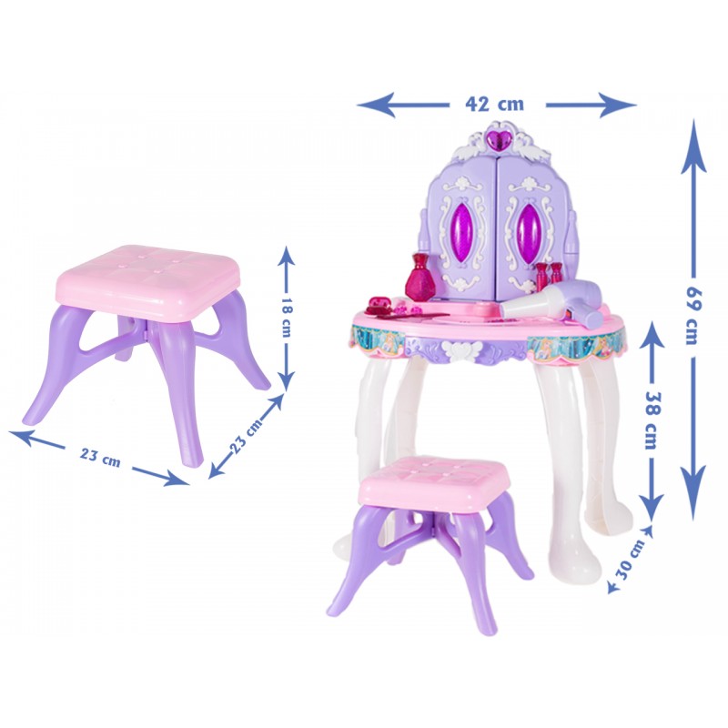 Masuta de Make-Up pentru copii, MalPlay Lila - Roz cu MP3, oglinda, bagheta magica, melodii si lumini, 68 cm