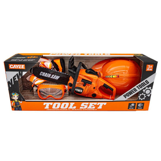 Set de joaca cu drujba si echipament de protectie, +3 ani, Portocaliu/Negru