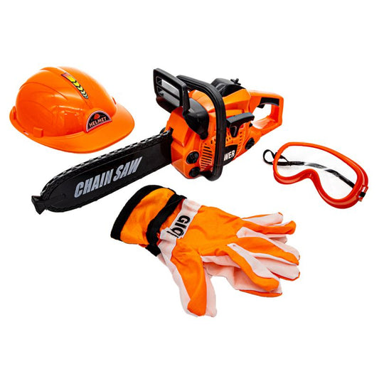 Set de joaca cu drujba si echipament de protectie, +3 ani, Portocaliu/Negru