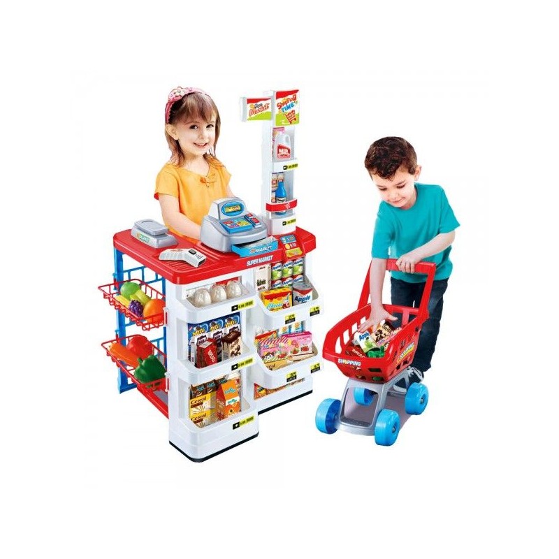 Set de joaca supermarket cu carucior MalPlay, 24 piese, casa de marcat, accesorii, sunete si lumini