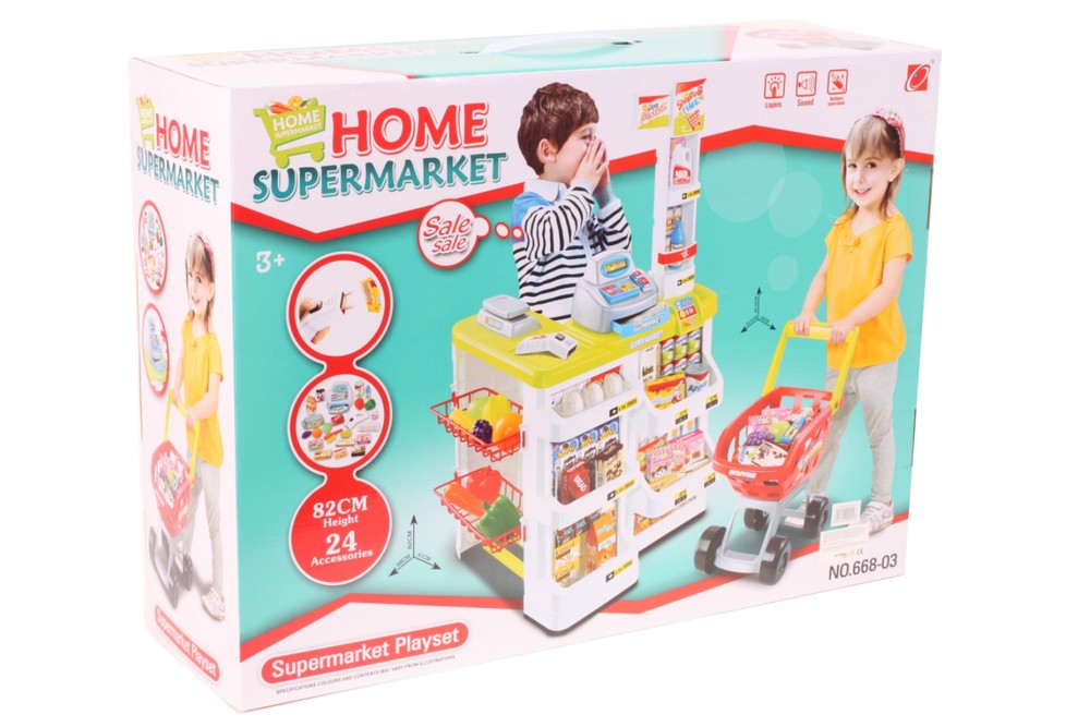 Set de joaca supermarket cu carucior MalPlay, 24 piese, casa de marcat, accesorii, sunete si lumini