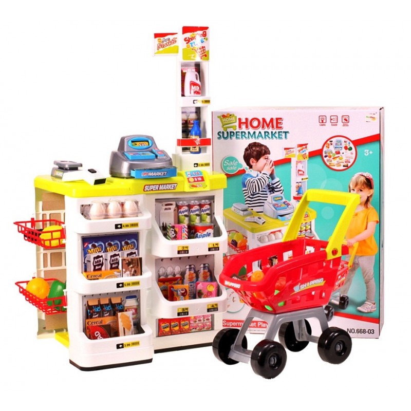 Set de joaca supermarket cu carucior MalPlay, 24 piese, casa de marcat, accesorii, sunete si lumini
