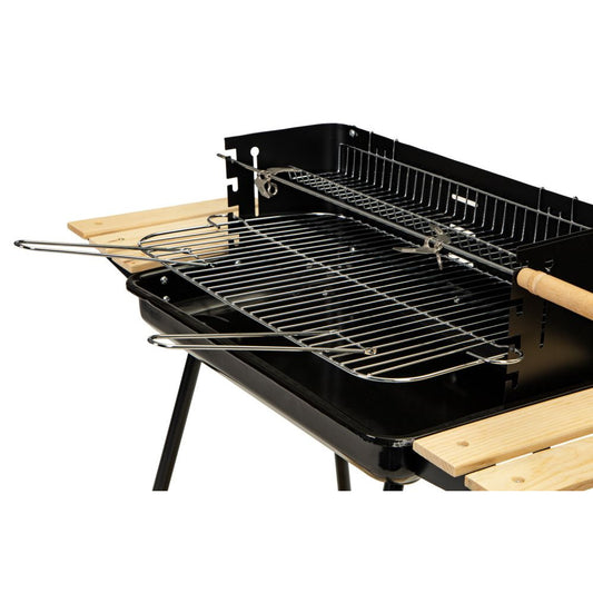 Gratar de gradina IdealStore cu rotisor manual, gratar inox 52x32 cm, inaltime reglabila, roti si 3 rafturi