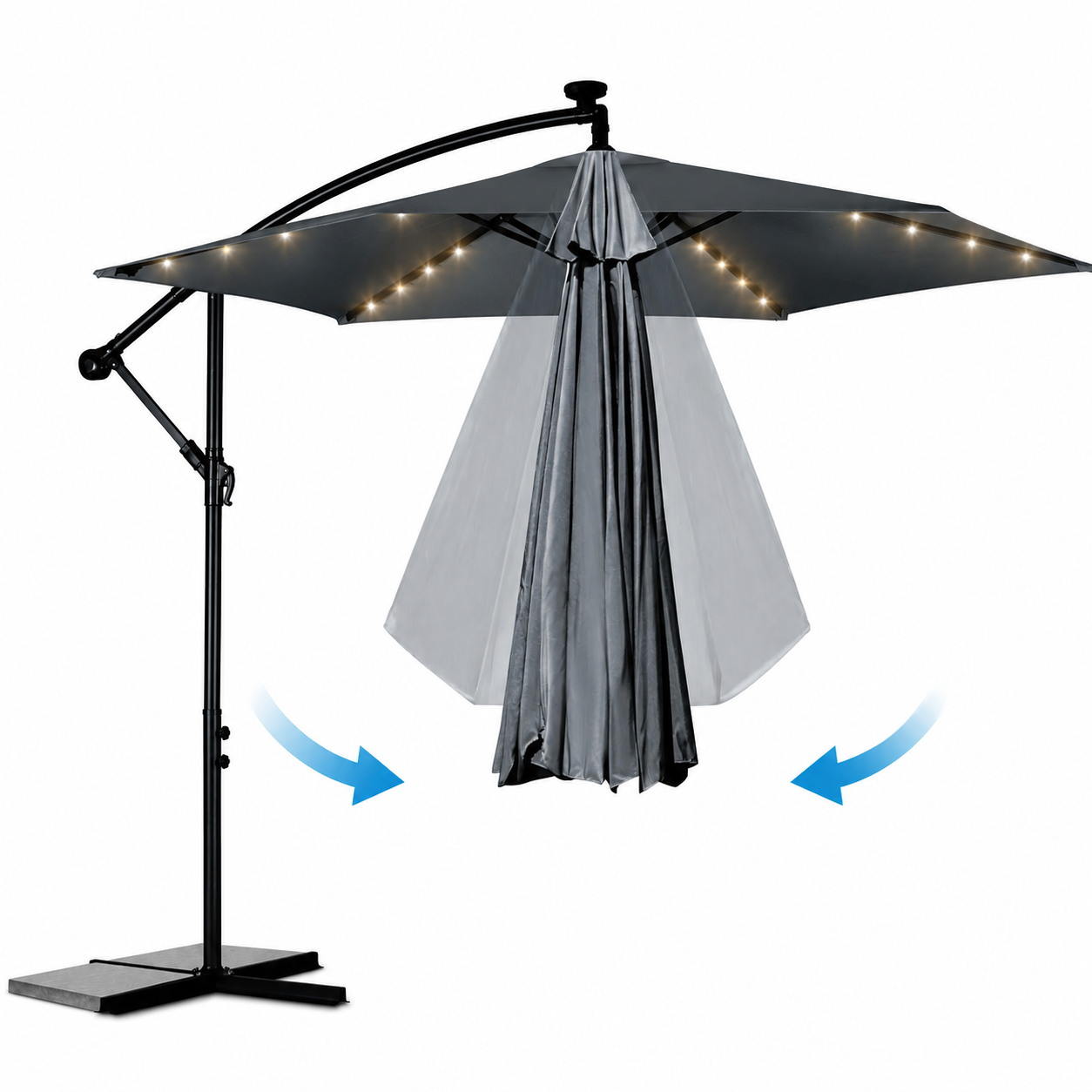 Umbrela de Gradina cu Lumini idealSTORE LightGarden, 24 de LED-uri incorporate, Deschidere 300 cm, Pliabila, Cadru Solid