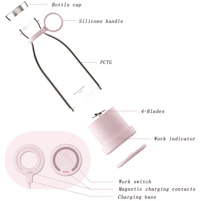 Mini Blender portabil cu acumulator, 50W, 1400 mAh, incarcare wireless, Waterproof, 350 ml, Roz
