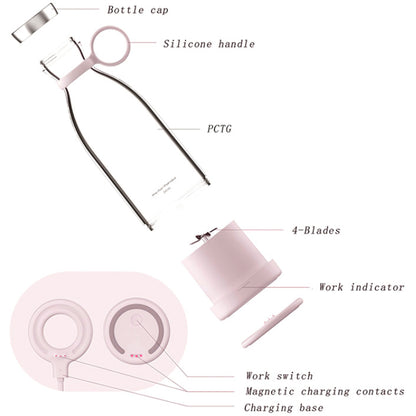 Mini Blender portabil cu acumulator, 50W, 1400 mAh, incarcare wireless, Waterproof, 350 ml, Roz
