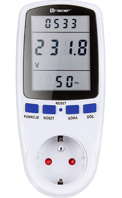 Priza cu Contor Afisaj Digital de Energie wattmetru Tracer TRAPOM46523, 0.01 ~ 16A, 200 ~ 240V, 7 moduri