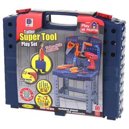 Banc de Lucru, Super Tools, Asamblat in Valiza Practica si Usor de Carat, 50 Accesorii +, Include Bormasina Functionala, Surubelnite, Ciocan, Fierastrau, 72 cm Inaltime, Albastru