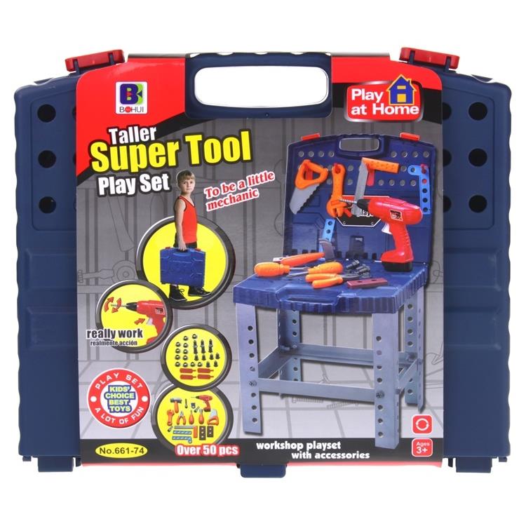 Banc de Lucru, Super Tools, Asamblat in Valiza Practica si Usor de Carat, 50 Accesorii +, Include Bormasina Functionala, Surubelnite, Ciocan, Fierastrau, 72 cm Inaltime, Albastru