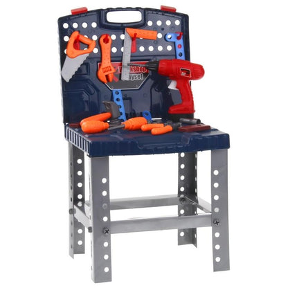 Banc de Lucru, Super Tools, Asamblat in Valiza Practica si Usor de Carat, 50 Accesorii +, Include Bormasina Functionala, Surubelnite, Ciocan, Fierastrau, 72 cm Inaltime, Albastru