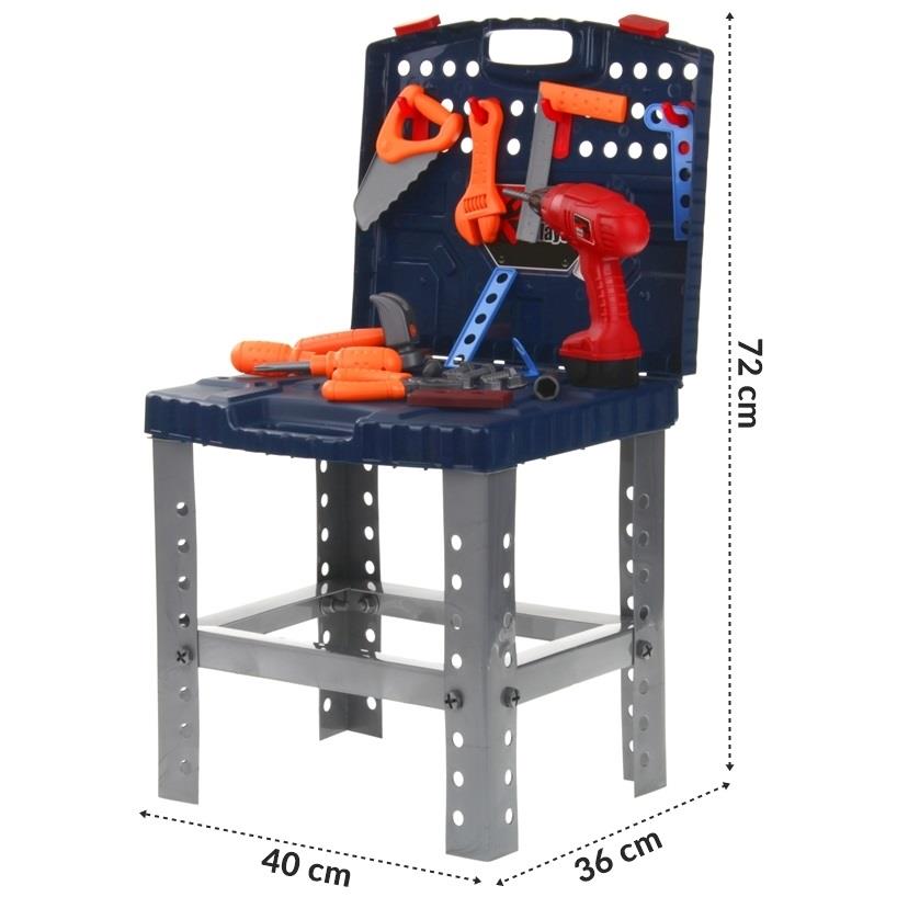 Banc de Lucru, Super Tools, Asamblat in Valiza Practica si Usor de Carat, 50 Accesorii +, Include Bormasina Functionala, Surubelnite, Ciocan, Fierastrau, 72 cm Inaltime, Albastru
