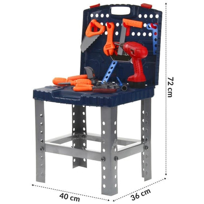 Banc de Lucru, Super Tools, Asamblat in Valiza Practica si Usor de Carat, 50 Accesorii +, Include Bormasina Functionala, Surubelnite, Ciocan, Fierastrau, 72 cm Inaltime, Albastru