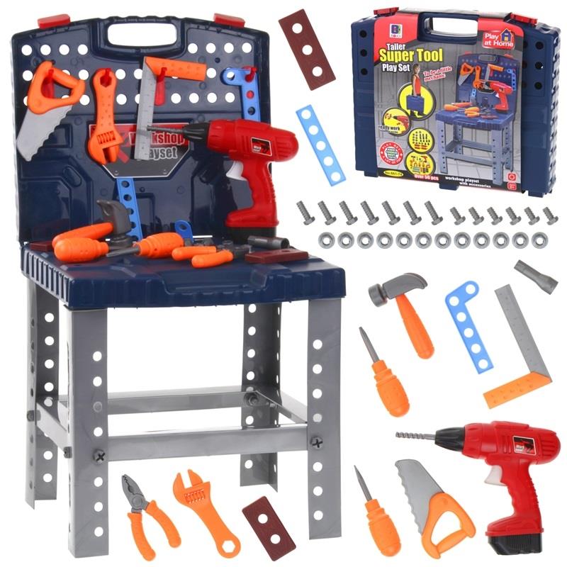 Banc de Lucru, Super Tools, Asamblat in Valiza Practica si Usor de Carat, 50 Accesorii +, Include Bormasina Functionala, Surubelnite, Ciocan, Fierastrau, 72 cm Inaltime, Albastru