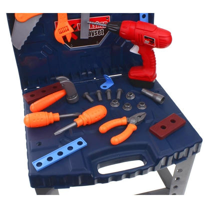 Banc de Lucru, Super Tools, Asamblat in Valiza Practica si Usor de Carat, 50 Accesorii +, Include Bormasina Functionala, Surubelnite, Ciocan, Fierastrau, 72 cm Inaltime, Albastru