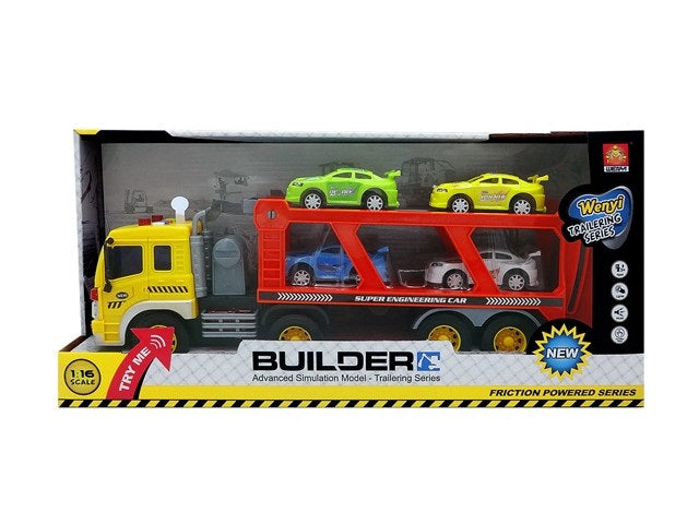 Masina Tir Lary Toys cu platforma cu 4 masinute pentru copii, incluse accesorii