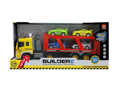 Masina Tir Lary Toys cu platforma cu 4 masinute pentru copii, incluse accesorii