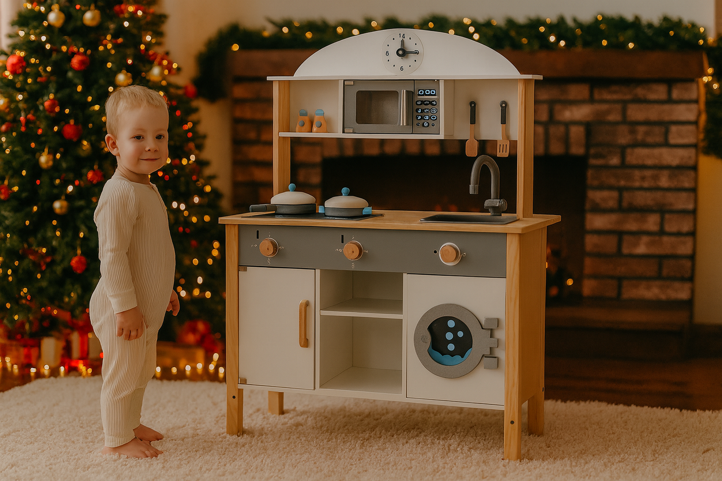 Bucatarie din lemn Premium idealSTORE RUSTIC KITCHEN COLLECTION, Dimensiuni 97 x 75.5 x 30 cm, Echipata si utilata complet, Include 8 accesorii specifice