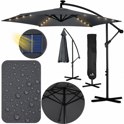 Umbrela de Gradina cu Lumini idealSTORE LightGarden, 24 de LED-uri incorporate, Deschidere 300 cm, Pliabila, Cadru Solid