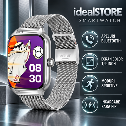 SmartWatch idealStore XiaBest, Apel Bluetooth, NFC, Asistent Vocal, urmarire GPS, Moduri sportive, Senzor Oxigen Caldura, Incarcare fara Fir, Frecventa Cardiaca, Tensiune Arteriala, Parola, Memento Menstrual, Curea Silver din Metal