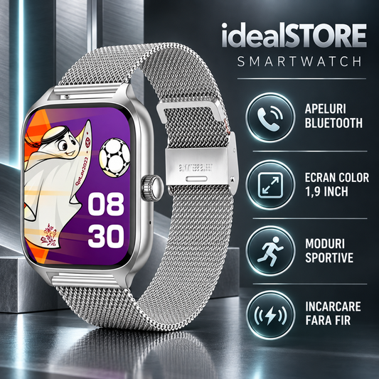 SmartWatch idealStore XiaBest, Apel Bluetooth, NFC, Asistent Vocal, urmarire GPS, Moduri sportive, Senzor Oxigen Caldura, Incarcare fara Fir, Frecventa Cardiaca, Tensiune Arteriala, Parola, Memento Menstrual, Curea Silver din Metal