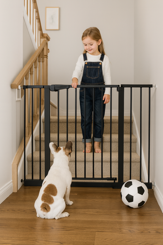 Poarta de Siguranta idealStore Safety Gate pentru Scari, dimensiuni ajustabile 75 - 117 cm, Fabricata din Otel, culoare Negru