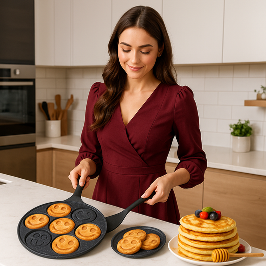 Tigaie pentru clatite cu 7 forme Smile Pancakes IdealStore, din aluminiu si otel inoxidabil, atat pentru aragazul normal cat si pentru cel vitroceramic si electric, Dimensiune tigaie 26 cm