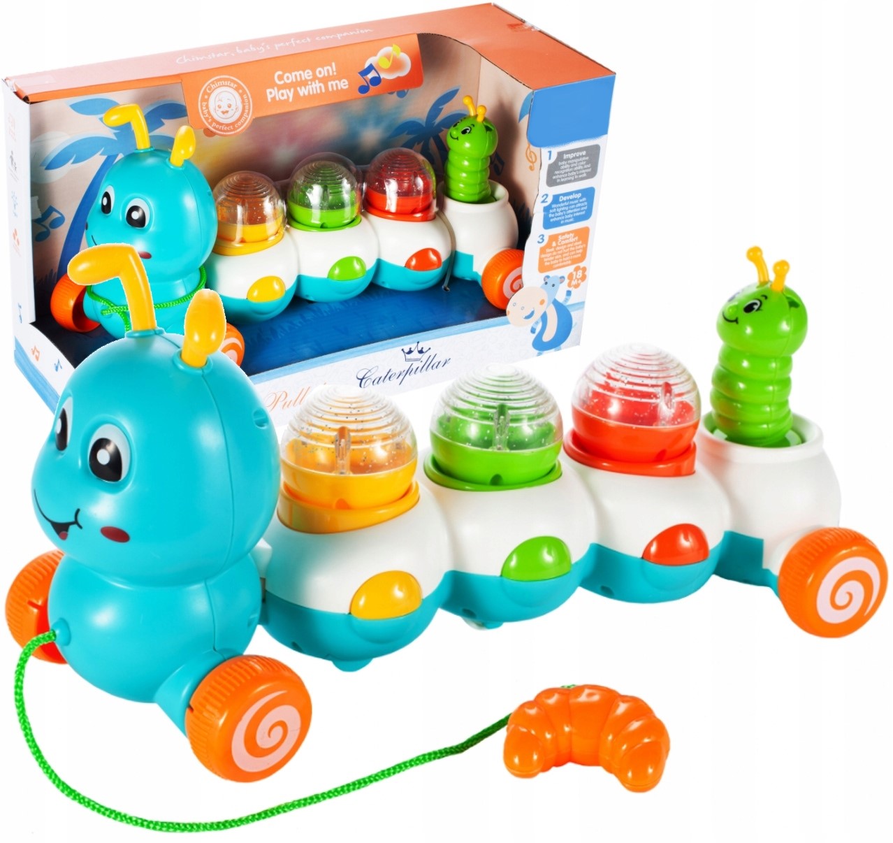 Jucarie Interactiva Muzicala pentru Bebelusi, Omida Vesela, Indiggo, cu Lumini si Melodii, Include 3 Bile Colorate, Snur de Tras de 30 cm, Incurajeaza Invatarea Mersului, Distractiva si Educativa, 18luni+, Multicolor