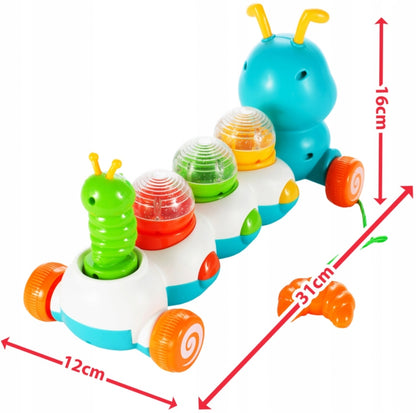 Jucarie Interactiva Muzicala pentru Bebelusi, Omida Vesela, Indiggo, cu Lumini si Melodii, Include 3 Bile Colorate, Snur de Tras de 30 cm, Incurajeaza Invatarea Mersului, Distractiva si Educativa, 18luni+, Multicolor