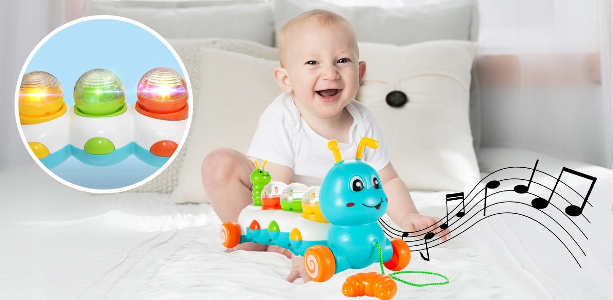 Jucarie Interactiva Muzicala pentru Bebelusi, Omida Vesela, Indiggo, cu Lumini si Melodii, Include 3 Bile Colorate, Snur de Tras de 30 cm, Incurajeaza Invatarea Mersului, Distractiva si Educativa, 18luni+, Multicolor