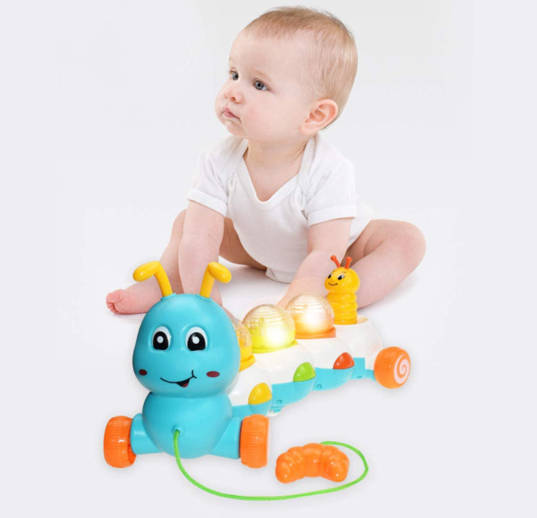 Jucarie Interactiva Muzicala pentru Bebelusi, Omida Vesela, Indiggo, cu Lumini si Melodii, Include 3 Bile Colorate, Snur de Tras de 30 cm, Incurajeaza Invatarea Mersului, Distractiva si Educativa, 18luni+, Multicolor