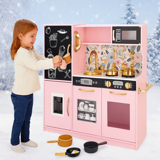 Bucatarie din Lemn Multifunctionala pentru Copii idealSTORE 80x24x80 cm cu 11 Accesorii Detasabile si Tabla de Scris