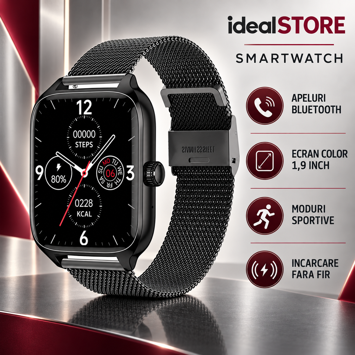 SmartWatch idealStore XiaBest, Apel Bluetooth, NFC, Asistent Vocal, urmarire GPS, Moduri sportive, Senzor Oxigen Caldura, Incarcare fara Fir, Frecventa Cardiaca, Tensiune Arteriala, Parola, Memento Menstrual, Curea Black din Metal