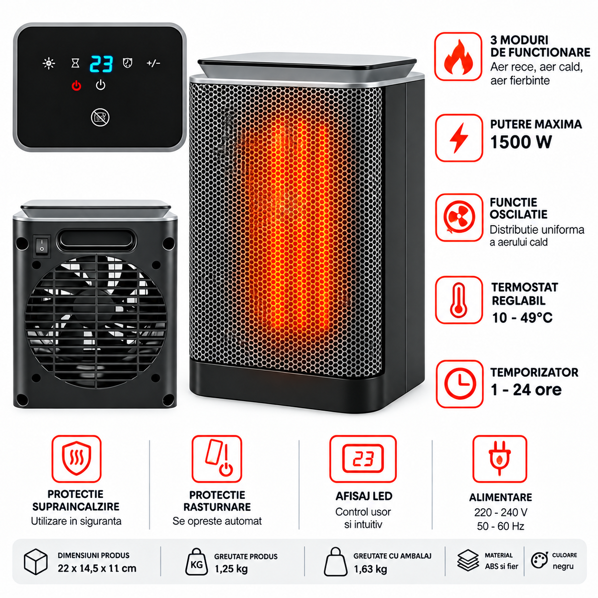 Radiator electric Mini HotFire idealSTORE, Putere 1500w, Detine 2 trepte de putere, Termostat reglabil intre 10°C-40°C