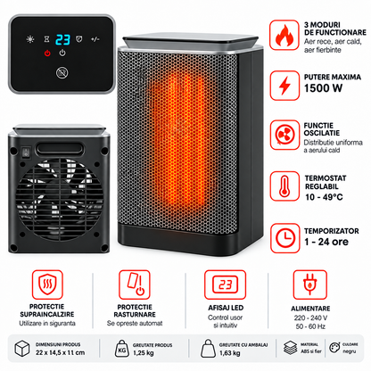 Radiator electric Mini HotFire idealSTORE, Putere 1500w, Detine 2 trepte de putere, Termostat reglabil intre 10°C-40°C